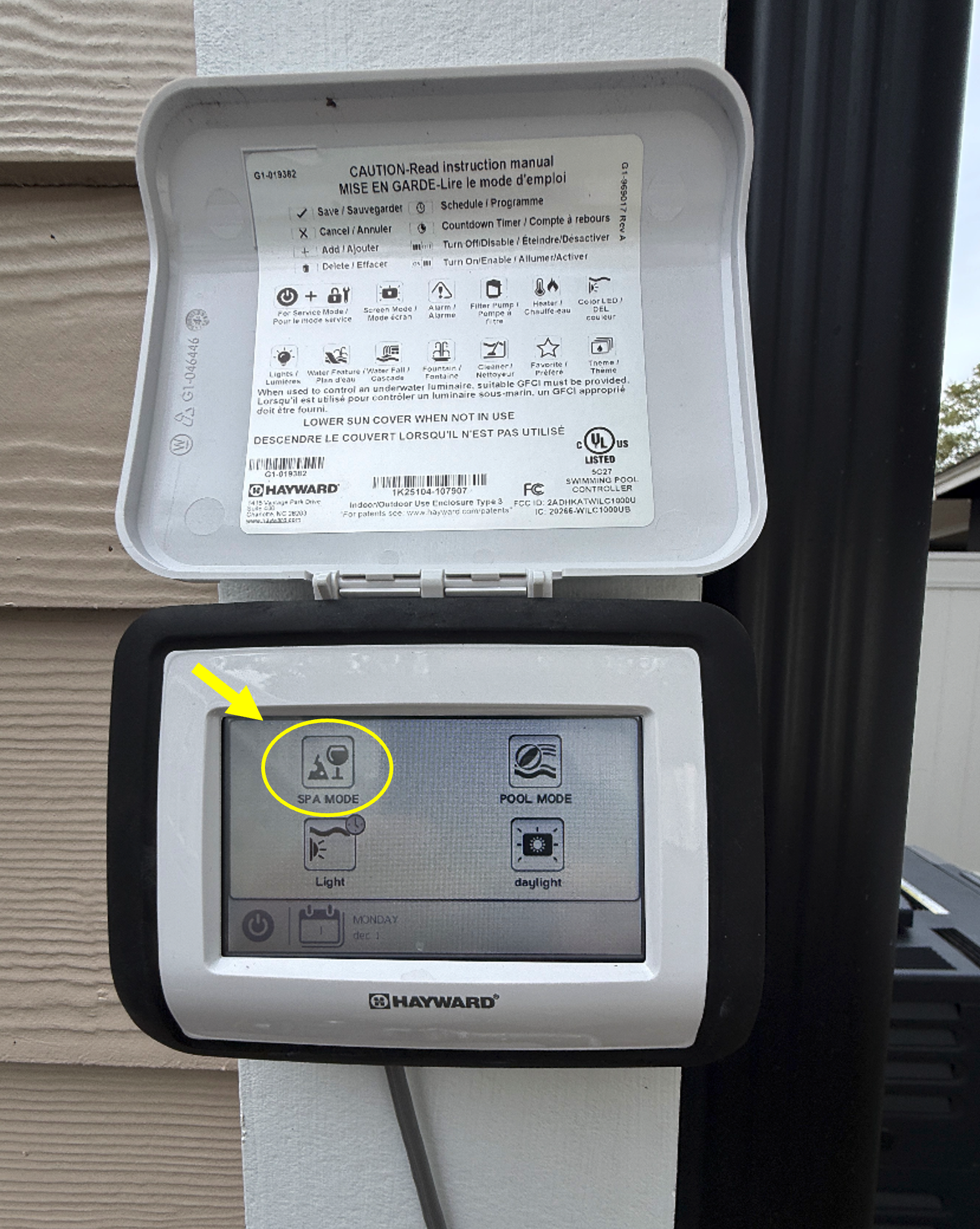 Hayward pool and spa touchscreen with the SPA MODE button circled in yellow