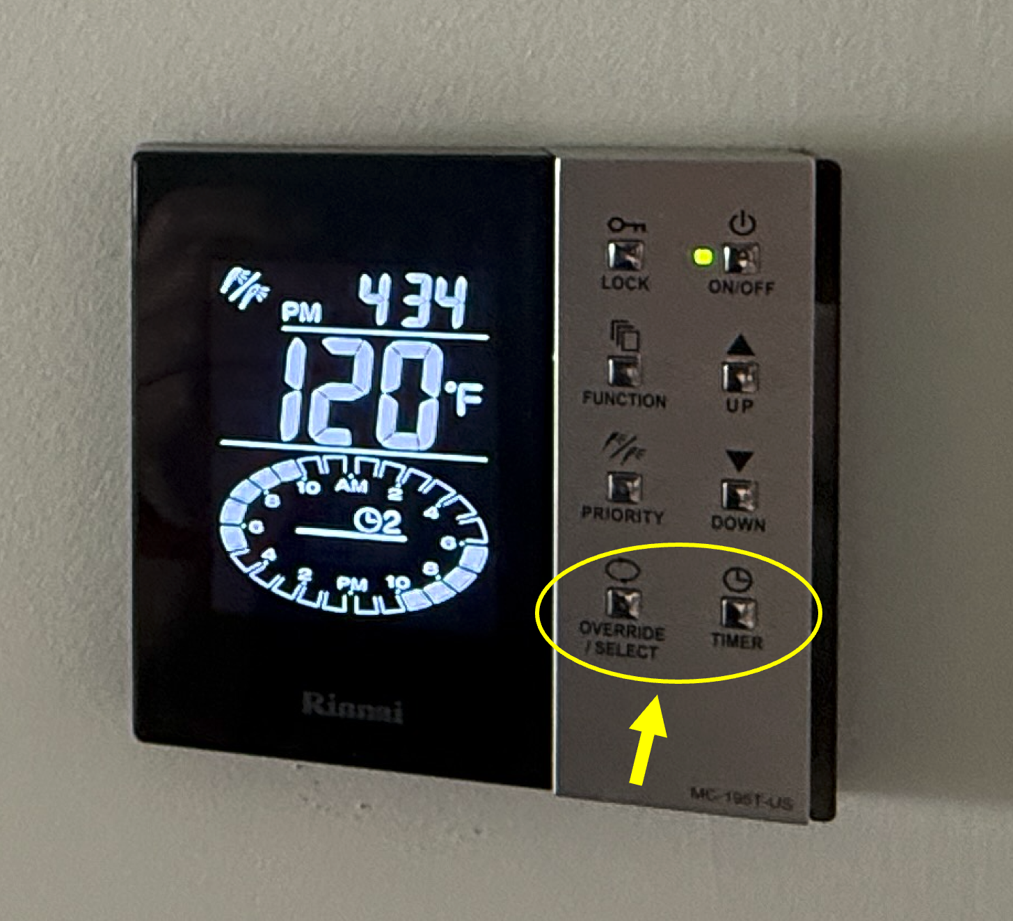 Rinnai tankless water heater controller with TIMER and OVERRIDE/SELECT buttons circled in yellow